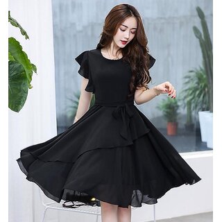 Vivient Women Black Solid Flair Georgette Short A Line Dress