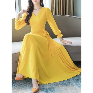 yellow georgette plain dress sleeves line shopclues