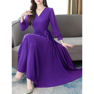 Purple Plain V Neck A Line Dress For Women by Vivient