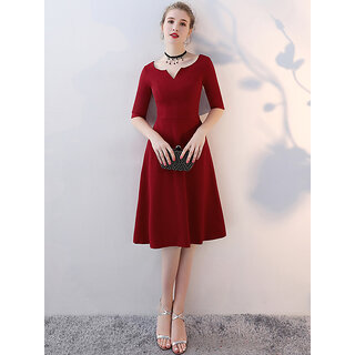                       Vivient Women Red Plain V-Cut Neck Hosery Short Dress                                              