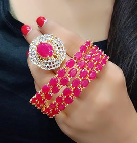 JSD Gold Plated Red Pearls Bangle With Ring Combo For Girl & women