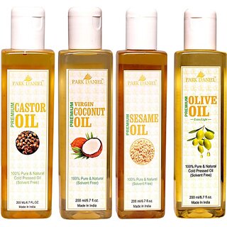 PARK DANIEL Premium Castor oil, Coconut oil, Sesame oil and Extra Light Olive oil- Pure and Natural Combo pack of 4 bott