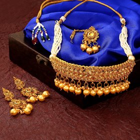 Padmavati Gold Plated Choker Necklace Set with Maang Tikka for Women