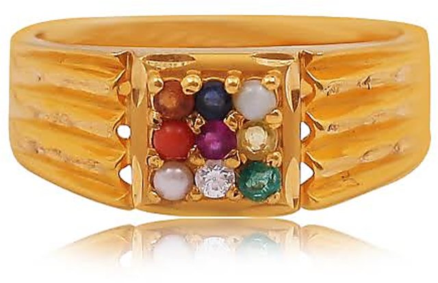 FOBHIYA Brass Gold Plated Unisex Navratna Ring, Spiritual Jewellery Navgrah  9 Gemstones For Men And Women, Made in India Best For Gifting (Free Size)  Metal Cat's Eye, Coral, Zircon, Ruby, Sapphire, Emerald,
