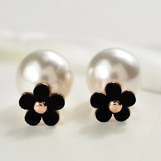 Stylish Designer Fashion Gold Plated Black Flower and Pearl Studded Double Sided Womens Fashion Earrings
