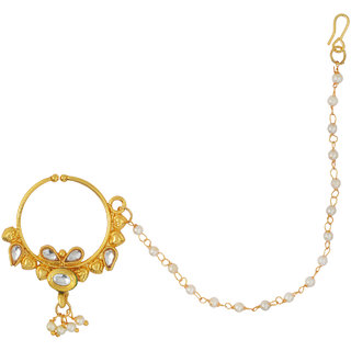                       MissMister Gold plated Kundan pearl tassled traditional Nath women Nose Jewellery                                              