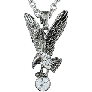                       Missmister Silver Plated Antique Finish White Cz Flying Eagle Chain Pendant Locket Necklace For Men And Women Silver Cubic Zirconia Brass                                              