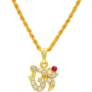                       Missmister Gold Plated White And Red American Diamond Ad Studded Om Chain Pendant Locket Necklace Jewellery For Men And Women                                              
