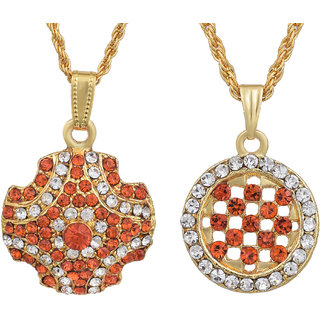                       Missmister Gold Plated, Set Of 2, Orange And White Cz, Fashion Chain Pendant Women Stylish Latest                                              