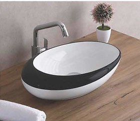 InArt Wash Basin/Vessel Sink Slim Rim Oval Shape for Bathroom 20 x 12 x 5 Inch Glossy Black and White