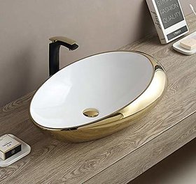 InArt Vessel Sink Slim Rim Wash Basin for Bathroom Glossy White 20 x 12 x 5 Inch White Gold