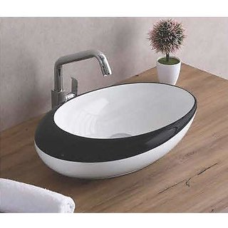 InArt Wash Basin/Vessel Sink Slim Rim Oval Shape for Bathroom 20 x 12 x 5 Inch Glossy Black and White