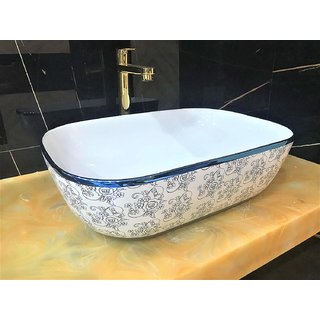 InArt Wash Basin/Vessel Sink Slim Rim for Bathroom 18 x 13 x 5 InchBlue and White Design