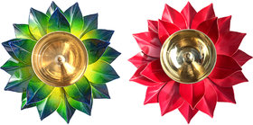 Decorate India Brass Kamal Ptta green and  Red color Akhand diya size 6 inch  pack of 2