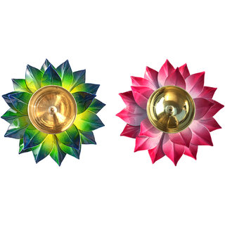 Decorate India Brass Kamal Ptta green and pink color Akhand diya size 6 inch  pack of 2