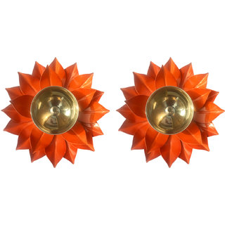 Decorate India Brass Kamal Ptta orange color Akhand diya size 6 inch  pack of 2