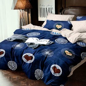 Home Crown Blue Heart Glace Cotton Double Bedsheet + 2 Pillow Cover