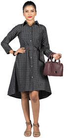 Women's Bureture Grey Cotton Collar-Neck Checkered Shirt Dress