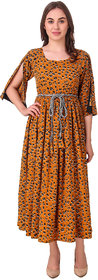 VOGUE  SAVVY Leopard Print Ethnic Long Kurti For Girls/Women (Color- Mustard Yellow  Size- Small)