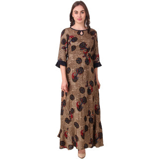 VOGUE  SAVVY Brown Keyhole Print Ethnic Long Kurti For Girls/Women (Color- Brown  Size- Small)