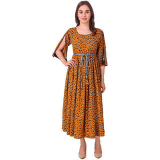                       VOGUE  SAVVY Leopard Print Ethnic Long Kurti For Girls/Women (Color- Mustard Yellow  Size- Small)                                              