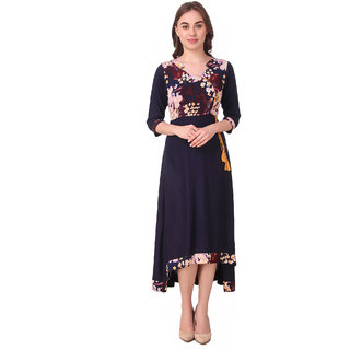 VOGUE  SAVVY Blue Print With Solid Stylish Kurti For Girls/Women (Color- Dark Blue  Size- Small)