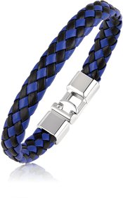 Asmitta Blue & Black Silver Plated Leather Bracelet For Men
