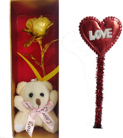 SC Small Artificial Golden Foil Rose with Teddy keychain with Love stick, Perfect gifting idea for valentine day