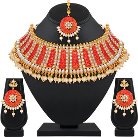 Asmitta Wedding wear Kundan Pearl Studded Gold toned Choker Necklace Set with Mangtikka