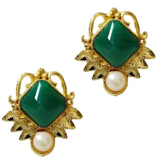                       Latest Designer Emerald Green Kundan Pearl Indo Western Studs Earrings Set                                              