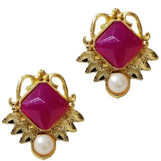                       Latest Designer Ruby Pink Kundan Pearl Indo Western Studs Earrings Set                                              
