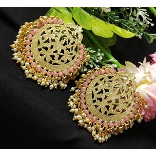                       Ethnic Indian Bollywood Designer Pink Kundan Chandbali Pearl Earrings Set                                              