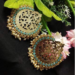                       Ethnic Indian Bollywood Designer Pastel Blue Kundan Chandbali Pearl Earrings Set                                              