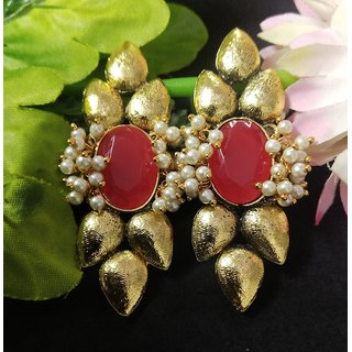                       Latest Designer Leaf Indo Western Red Kundan Pearl Antique Earrings                                              
