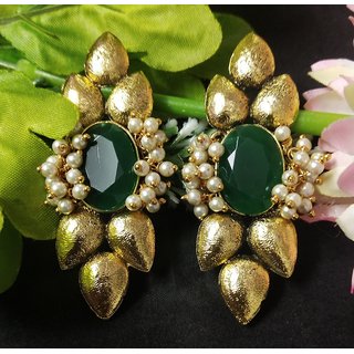                       Latest Designer Leaf Indo Western Green Kundan Pearl Antique Earrings                                              