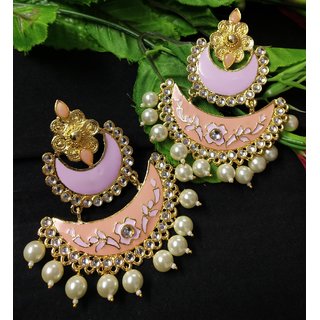                       Designer Chandbali Peech Pink Meenakari Kundan Pearl Earrings Set                                              