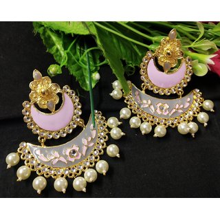                       Designer Chandbali Grey Pink Meenakari Kundan Pearl Earrings Set                                              