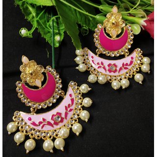                       Designer Chandbali Magenta Pink Meenakari Kundan Pearl Earrings Set                                              
