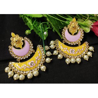                       Designer Chandbali Yellow Pink Meenakari Kundan Pearl Earrings Set.                                              