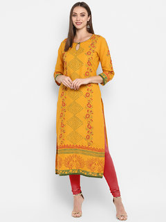 G Mustard Block Printed Straight Kurta