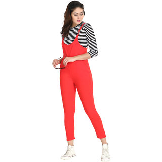 Buy BuyNewTrend Red Cotton Lycra Dungaree Pant with Striped Top For ...