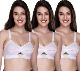 Sona Women's Moving Elastic Strap Full Cup Plus Size Cotton Bra White Color Pack of 3