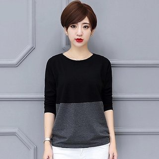                       Vivient Women Black Dark Grey Colour Block T-shirts                                              