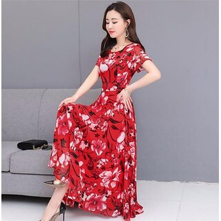                       Raabta RWD-01029 Red Flower Print Dress                                              