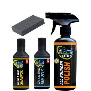                       NEEDX CAR SHINNING AND CLEANING KIT 3 IN ONE PACK 250 ML ALLIN ONE + 5- ML SCTRACH REMOVER + WASH N WAX SHAMPOO 50 ML                                              