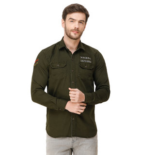 Colvyn Harris Men'S Casualwear Full Sleeve Slim Fit Shirt Collar Cargo Double Pocket Olive Luxury Shirt