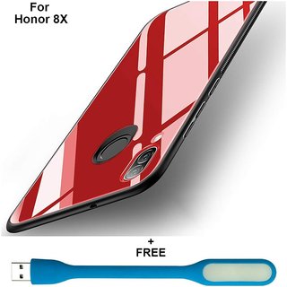 Mobimon Ultra-Slim Tempered Glass Back Cover With Edge Soft Tpu Full Protective Cover For Honor 8X Red + UBS LED Light