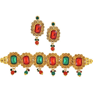                       MissMister Micron Gold Brass Colourful Faux Ruby Emerald choker necklace set Wedding Women                                              