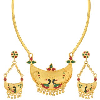                       MissMister Micron Gold Copper Peacock design Meenakari Designer-created Wedding Necklace set Women                                              