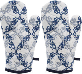 DECOTREE Heat Resistant Quilted 100 Cotton Kitchen Oven Gloves/Oven Mitts (Pack of 2, Blue)